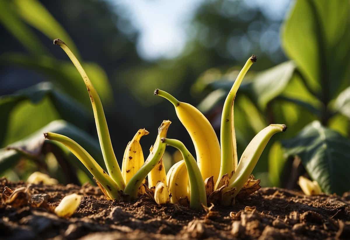 Banana peels scattered around plants. Aphids avoid them. Illustrator can depict plants with banana peels and aphids staying away