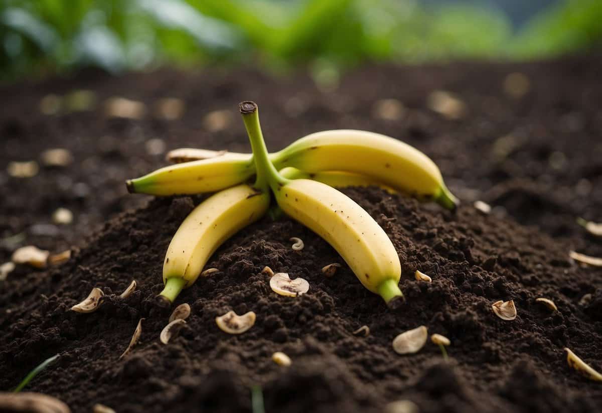 Banana peels scattered in rich soil, surrounded by thriving plants. No sign of aphids. Composting bin nearby