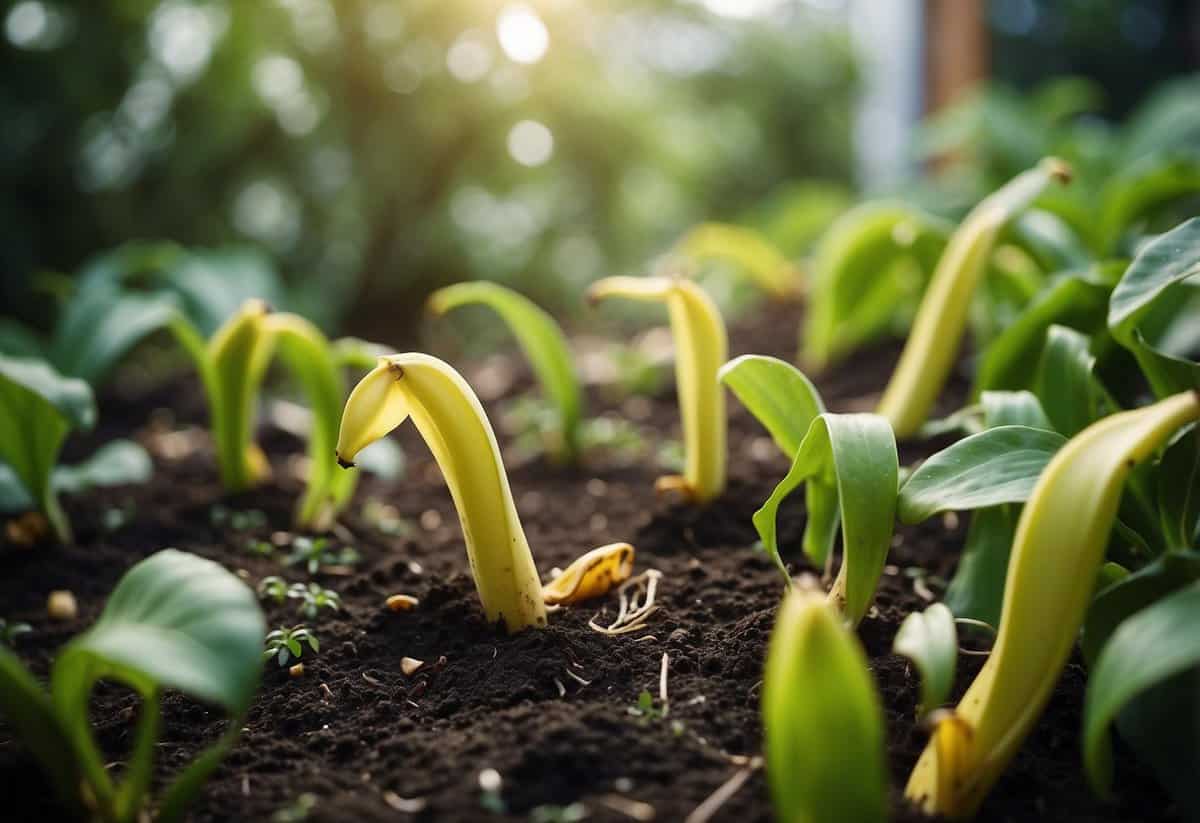 A garden with scattered banana peels surrounded by thriving plants, while nearby aphids avoid the area