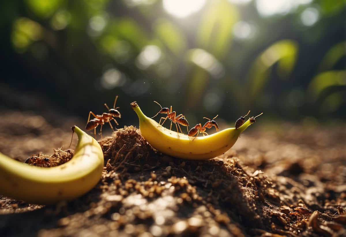 Ants swarm around a discarded banana peel, inspecting and carrying it back to their nest