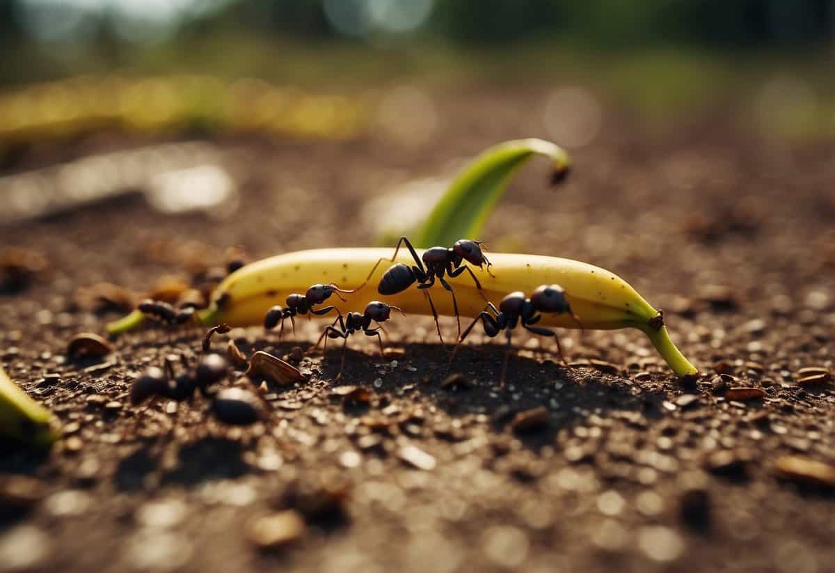 A group of ants avoiding banana peels on the ground