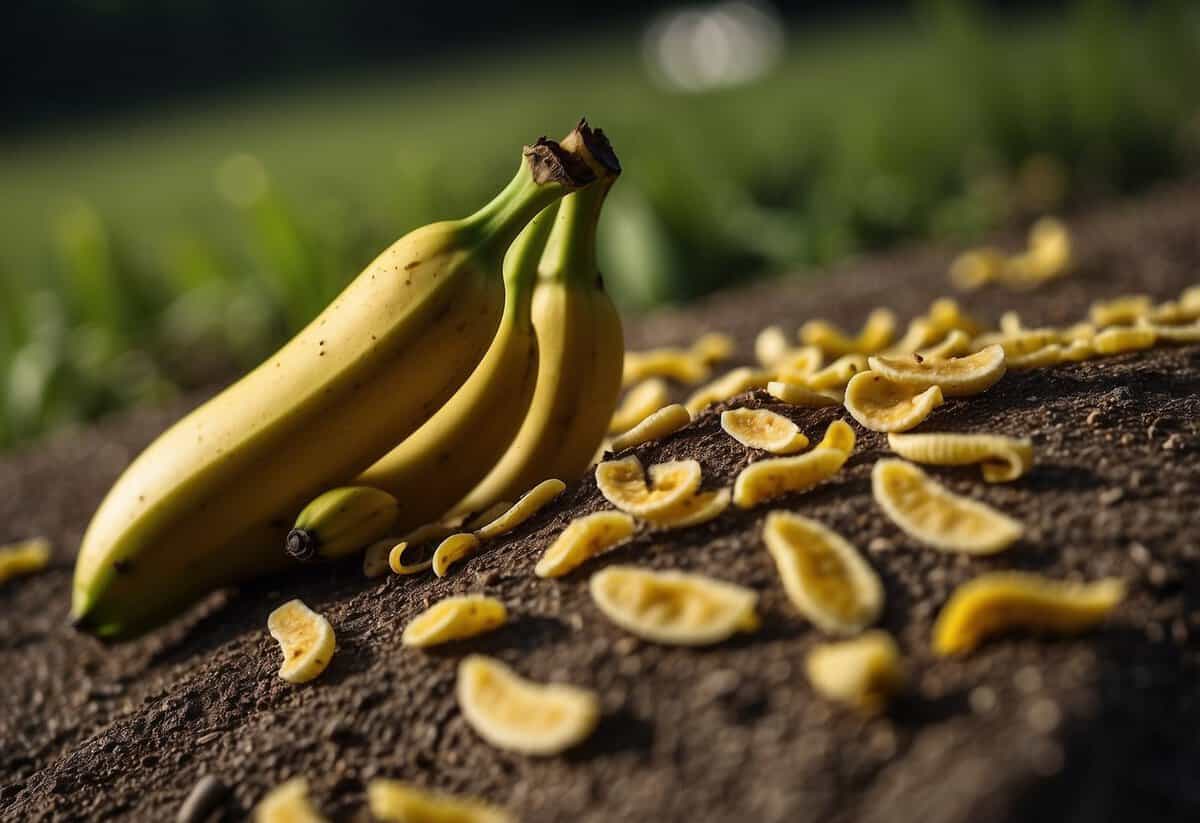 Banana peels scattered near ant trail. Ants avoiding peels, seeking alternate route