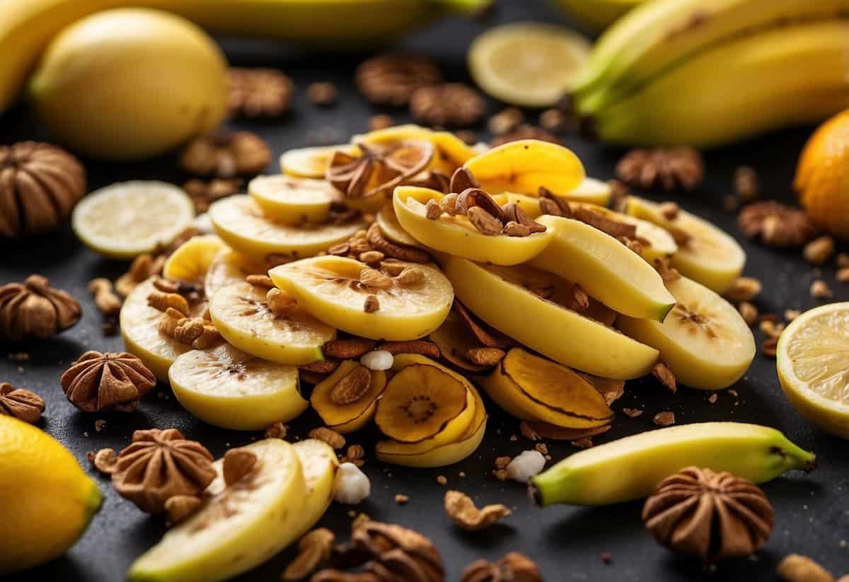 A pile of banana peels surrounded by a barrier of cinnamon, vinegar, and citrus peels, with ants avoiding the area