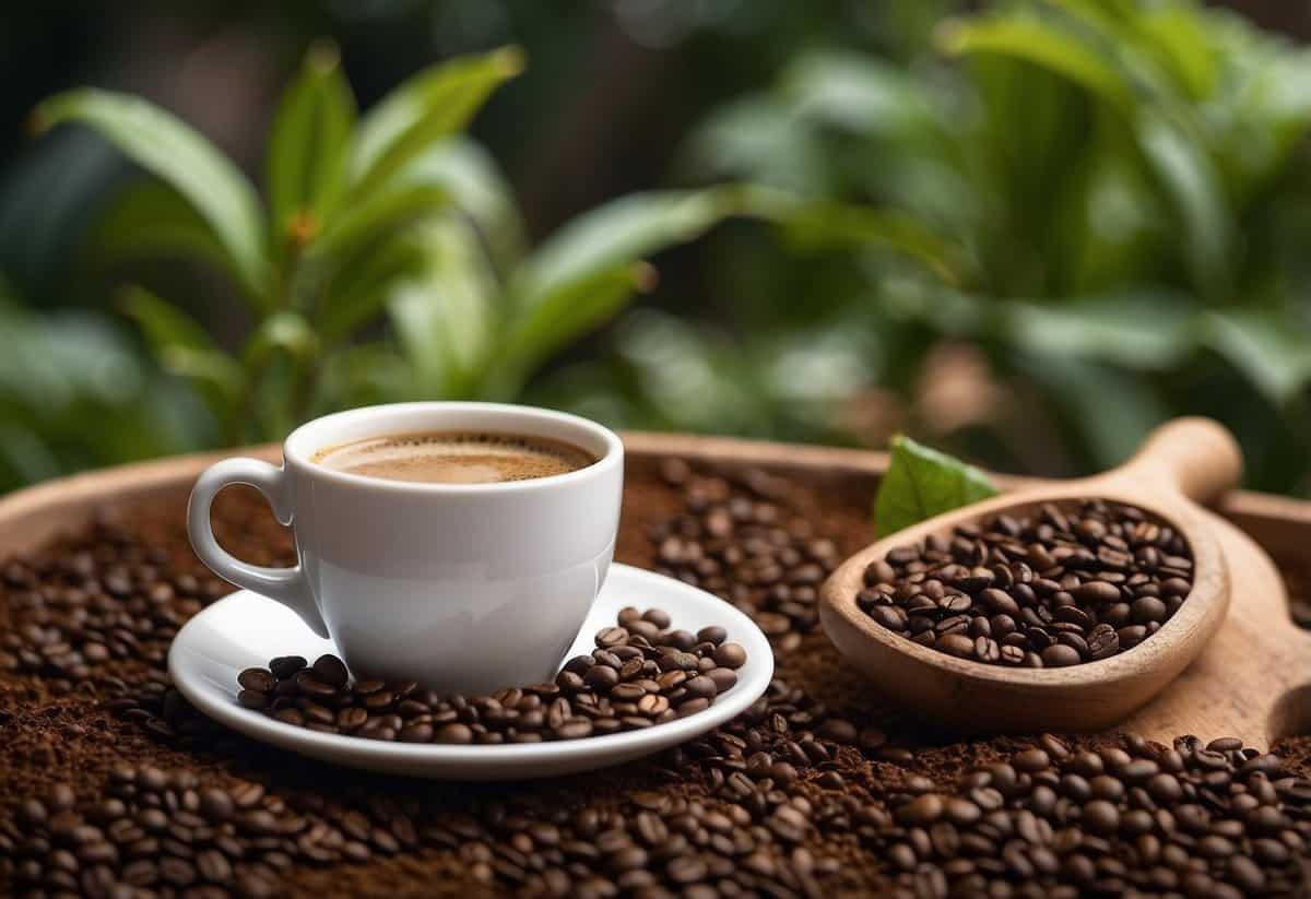 Coffee and tea grounds sprinkled around thriving plants in a garden