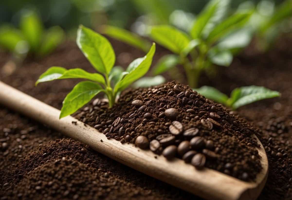 Coffee and tea grounds scattered around thriving plants, with visible signs of healthy growth and vibrant green leaves