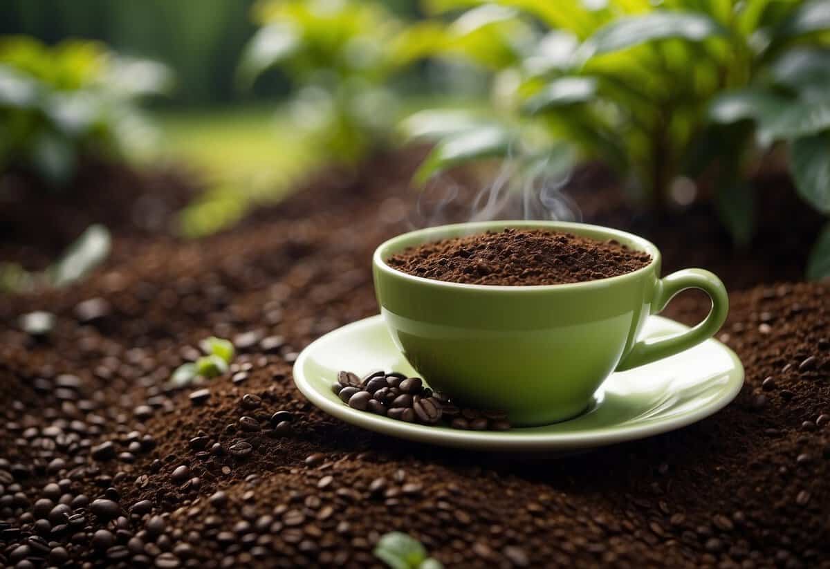 Coffee and tea grounds scattered around thriving plants in a garden, with visible signs of healthy growth and vibrant green foliage