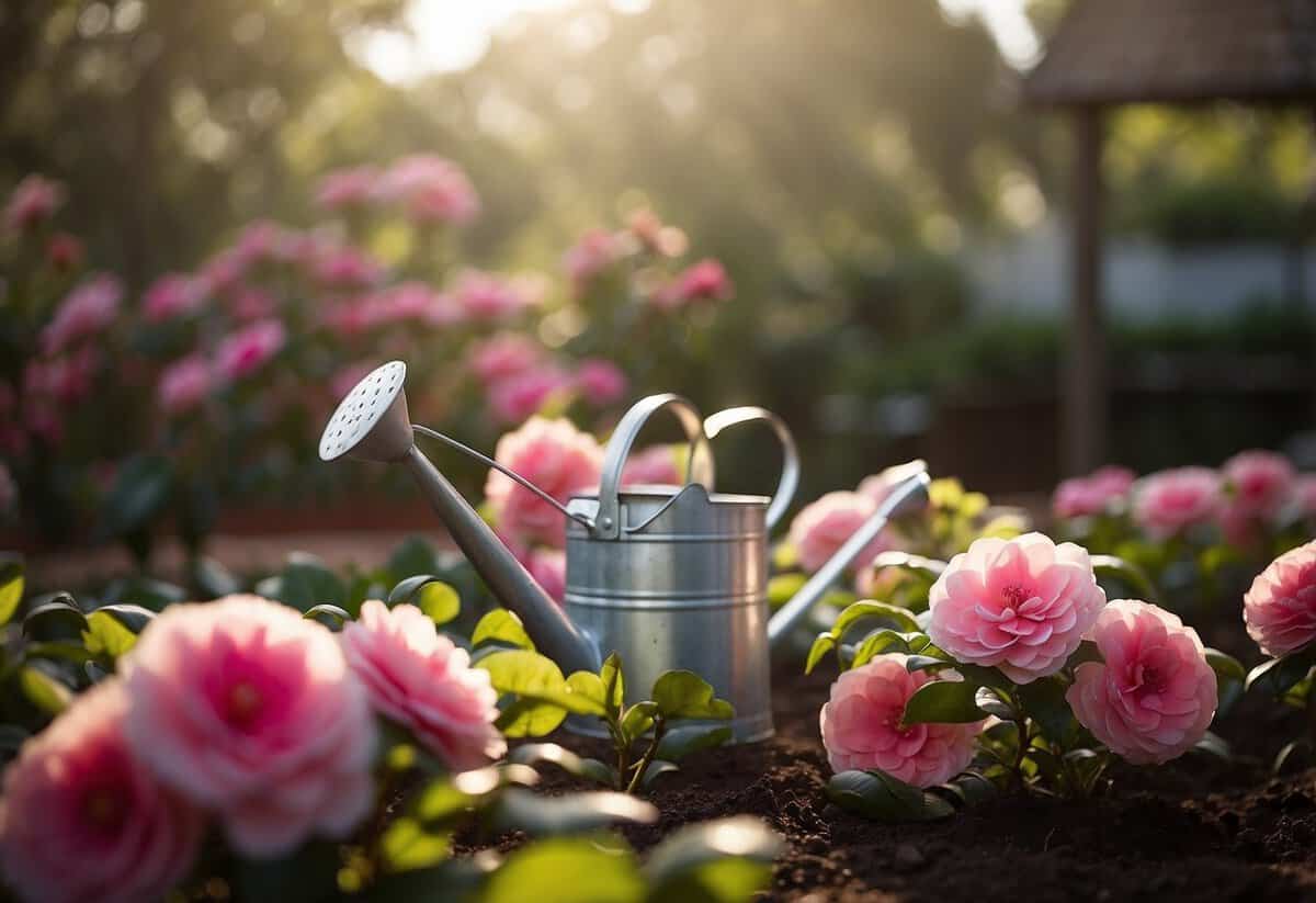 A watering can pours water onto vibrant camellia plants, surrounded by bags of organic fertilizer and a sign reading "Best Practices for Watering Camellias."