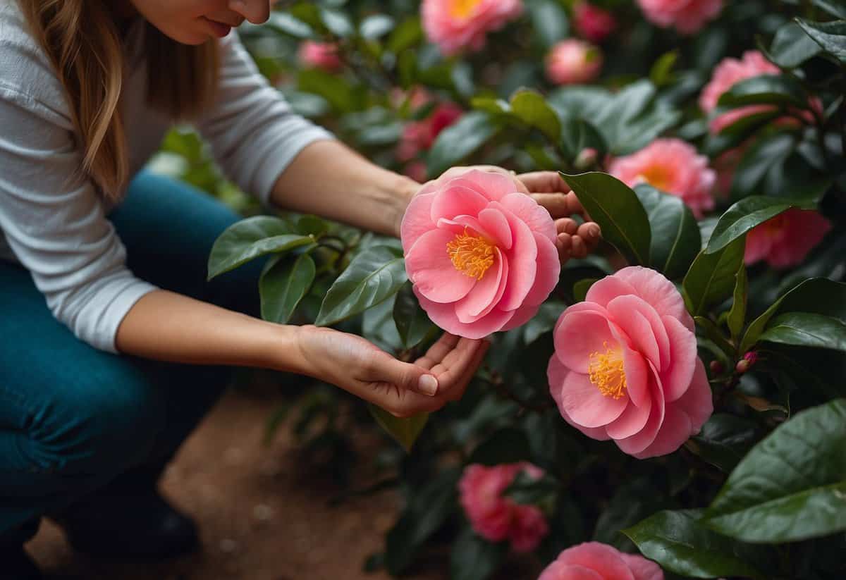 A person feeds camellias with organic fertilizer, gently scattering it around the base of the plants. The camellias are lush and vibrant, surrounded by a few fallen petals