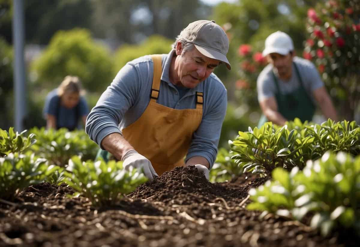 A gardener spreads mulch and soil amendments around a group of healthy camellia plants, ensuring they are well-fed and nourished