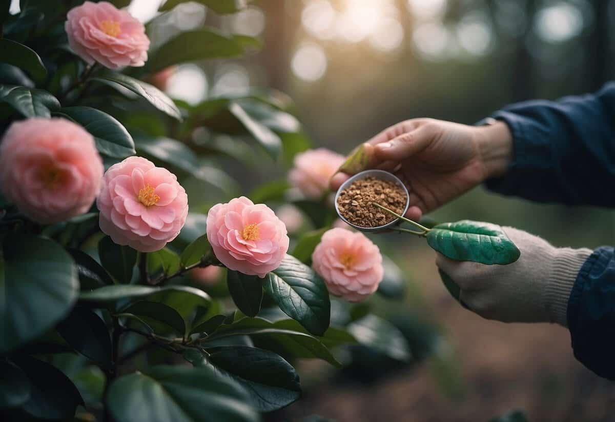 A gardener feeds camellias with a balanced fertilizer, ensuring healthy growth through the seasons