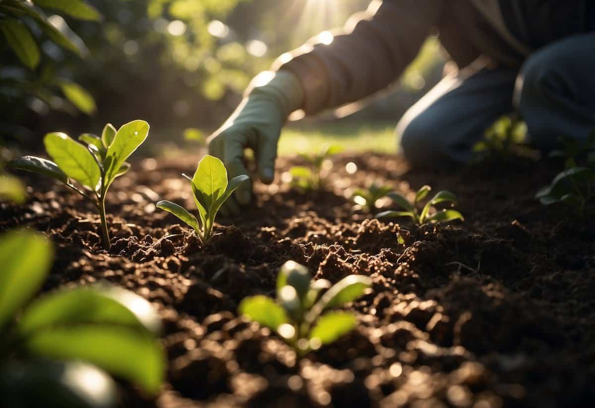 Rich soil with scattered tea bags, a gardener adding fertilizer to camellia plants. Sunlight filters through the leaves, creating dappled shadows on the ground