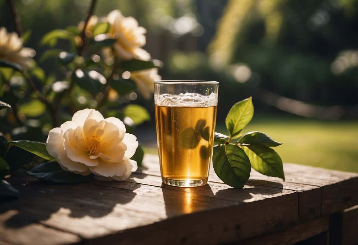 A bright, sunny garden with a water source nearby; a tea bag lying near a blooming camellia plant