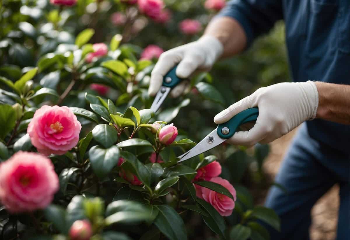 A pair of shears snips through vibrant camellia bushes, while a gardener tends to their maintenance, resembling the care given to steeping a tea bag