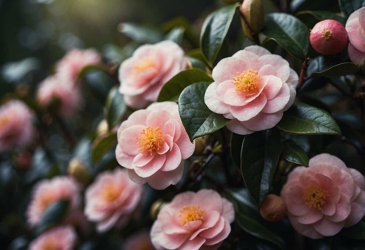 Camellias surrounded by tea bags, protected from pests and disease in a natural environment