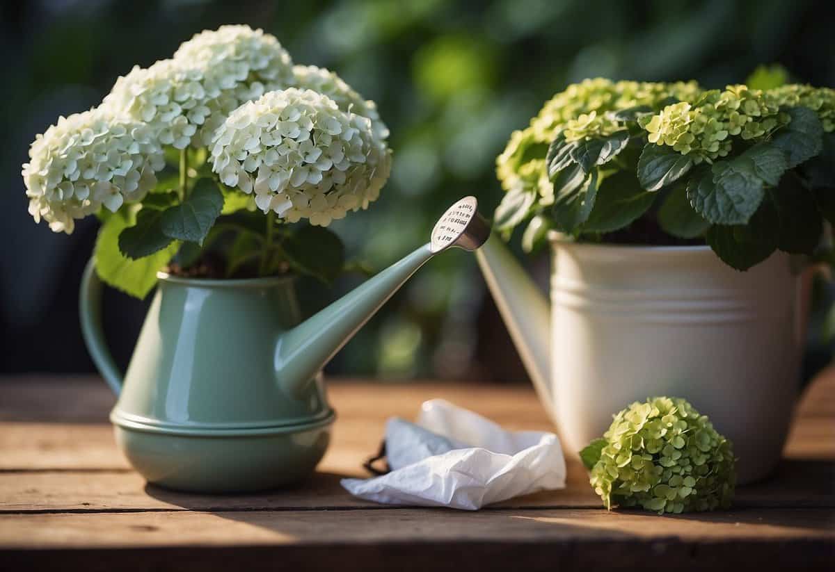 A watering can pours water onto a hydrangea plant near a used tea bag, while a bag of fertilizer sits nearby