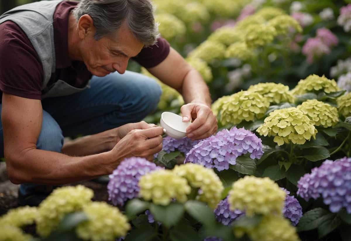 A gardener carefully places tea bags around the base of vibrant hydrangea blooms