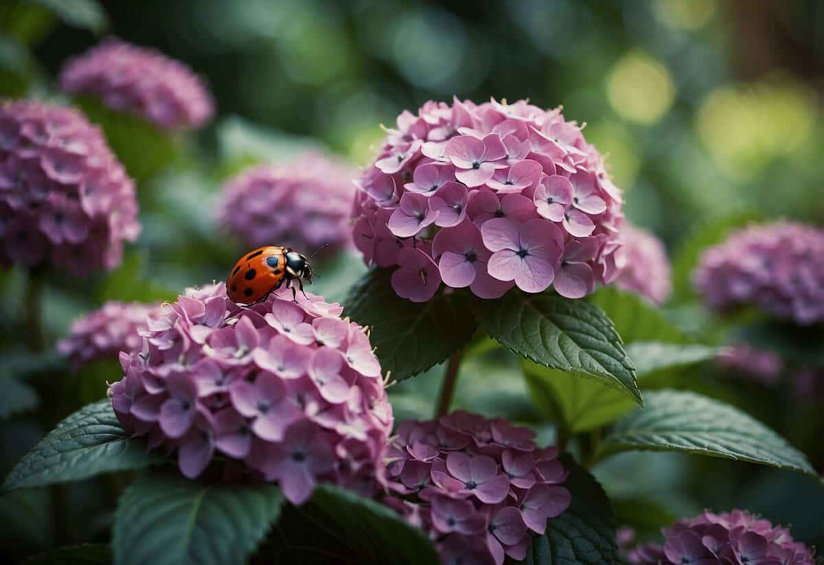 Hydrangeas surrounded by natural predators like ladybugs and birds, with a visible absence of slugs due to biological controls such as nematodes or diatomaceous earth