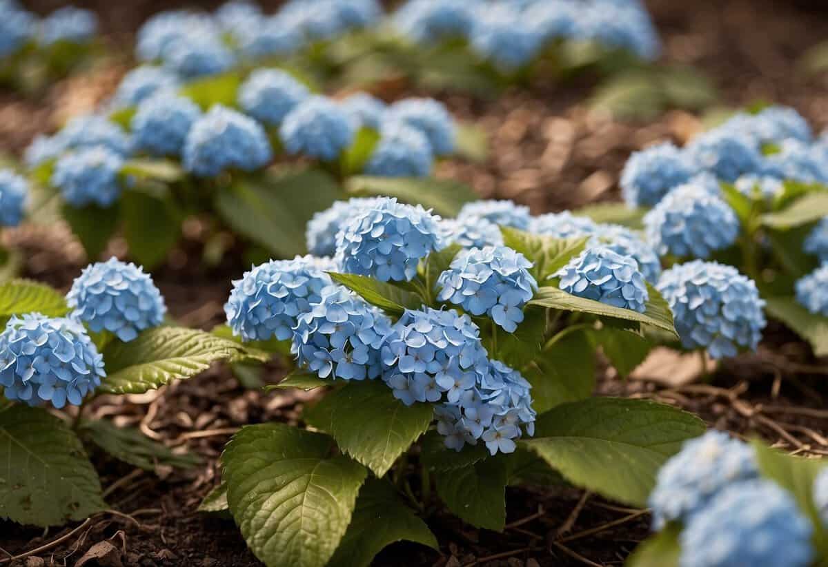 Hydrangeas surrounded by copper tape and crushed eggshells to prevent slug damage. Beer traps and diatomaceous earth also used for slug prevention