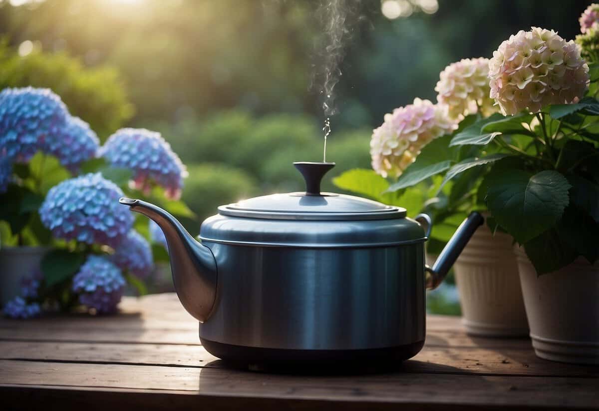 A boiling pot of water next to a vibrant hydrangea plant. The steam rises, creating a warm and inviting atmosphere