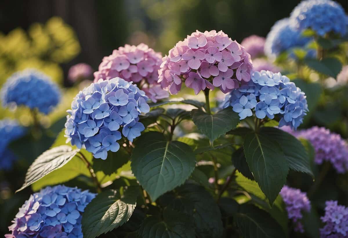 Hydrangeas changing color as soil is altered, from pink to purple