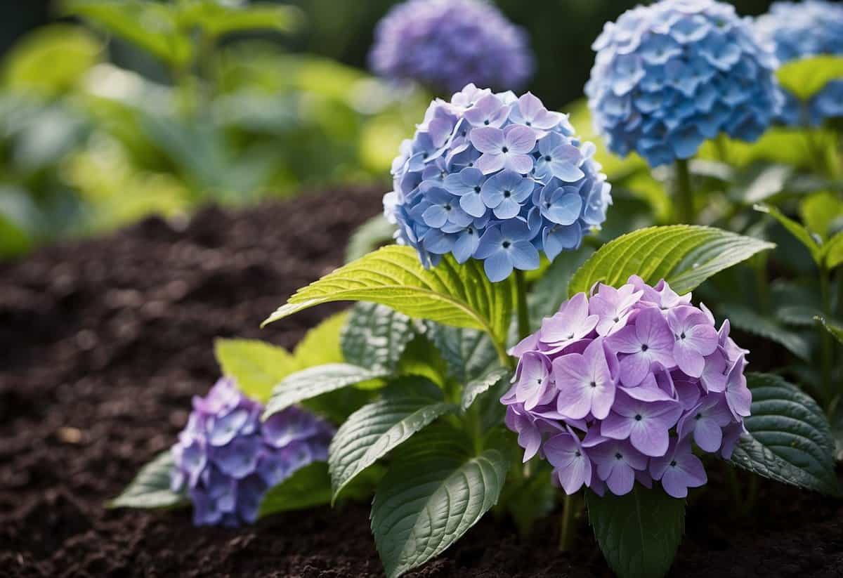 A garden with a variety of hydrangea plants, surrounded by organic fertilizers like compost and coffee grounds, with clear instructions on how to apply them to achieve vibrant purple blooms