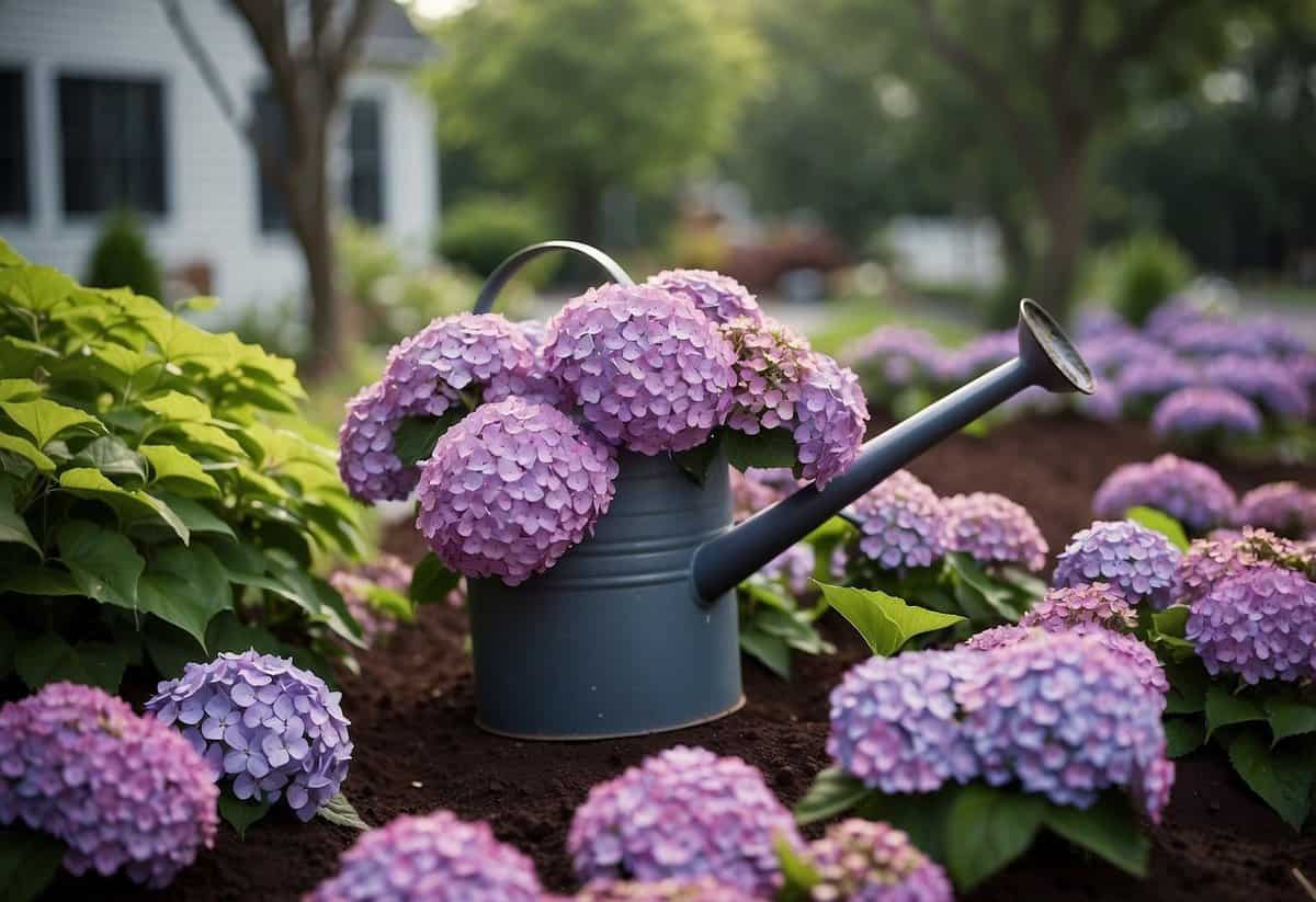 Purple hydrangeas in a well-tended garden, surrounded by rich, acidic soil and mulch. Nearby, a watering can and a bag of organic fertilizer