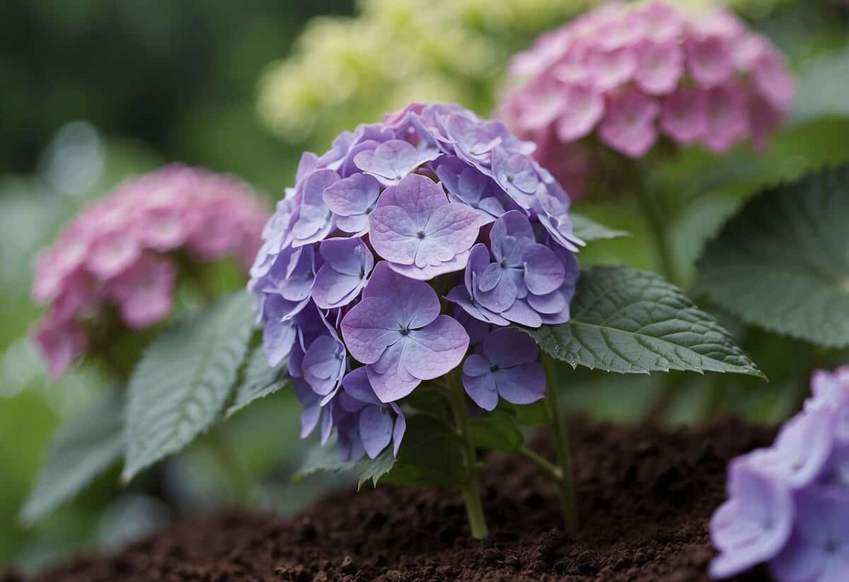 Hydrangea plant surrounded by acidic soil, with organic matter and aluminum sulfate added, turning flowers from pink to purple