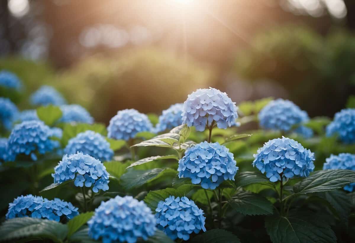 A healthy hydrangea bush with vibrant blue flowers surrounded by scattered Epsom salt crystals turning the soil a pale pink color