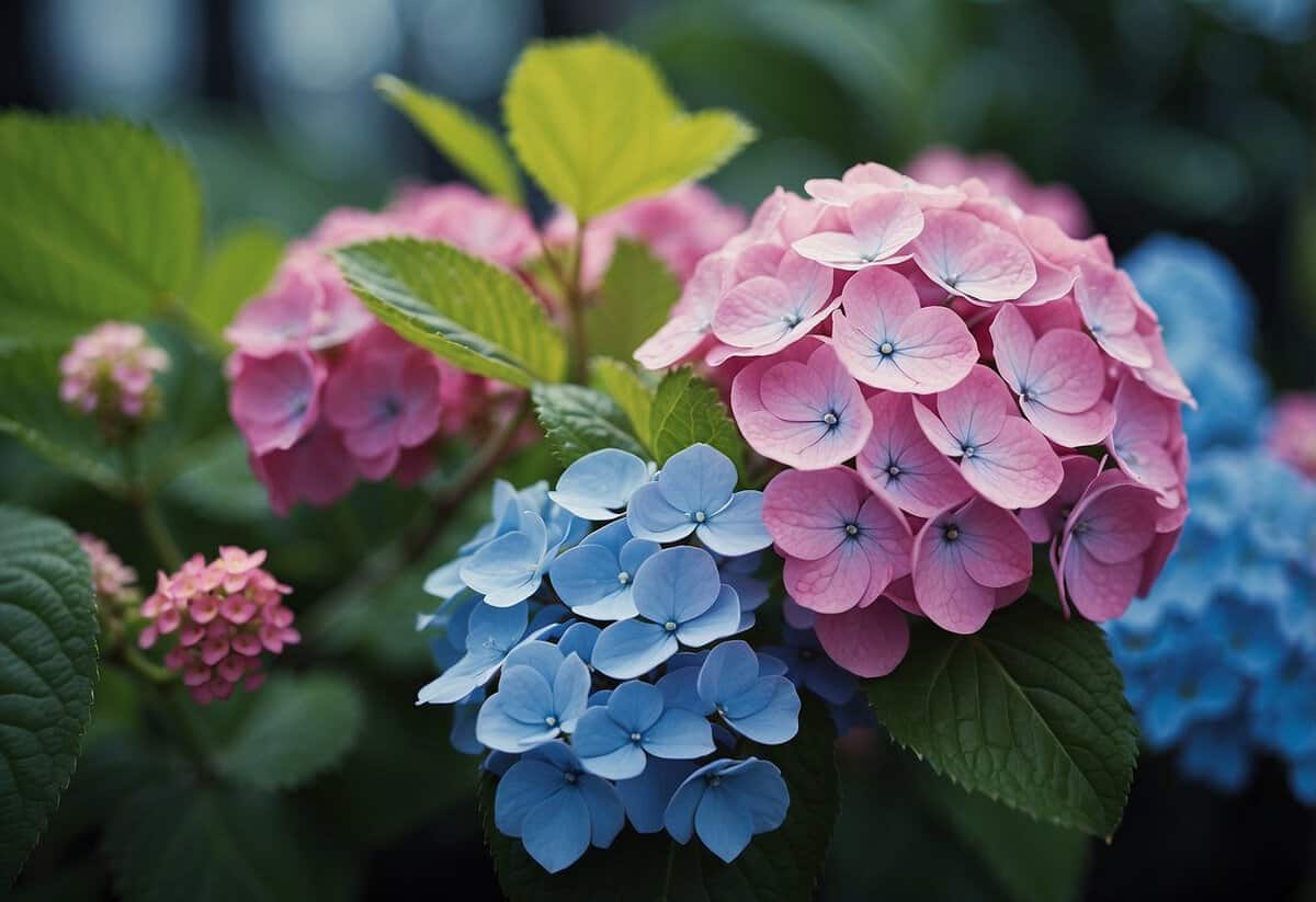 Hydrangea plant with pink flowers surrounded by soil amendments like sulfur and aluminum sulfate to change pH for blue color modification