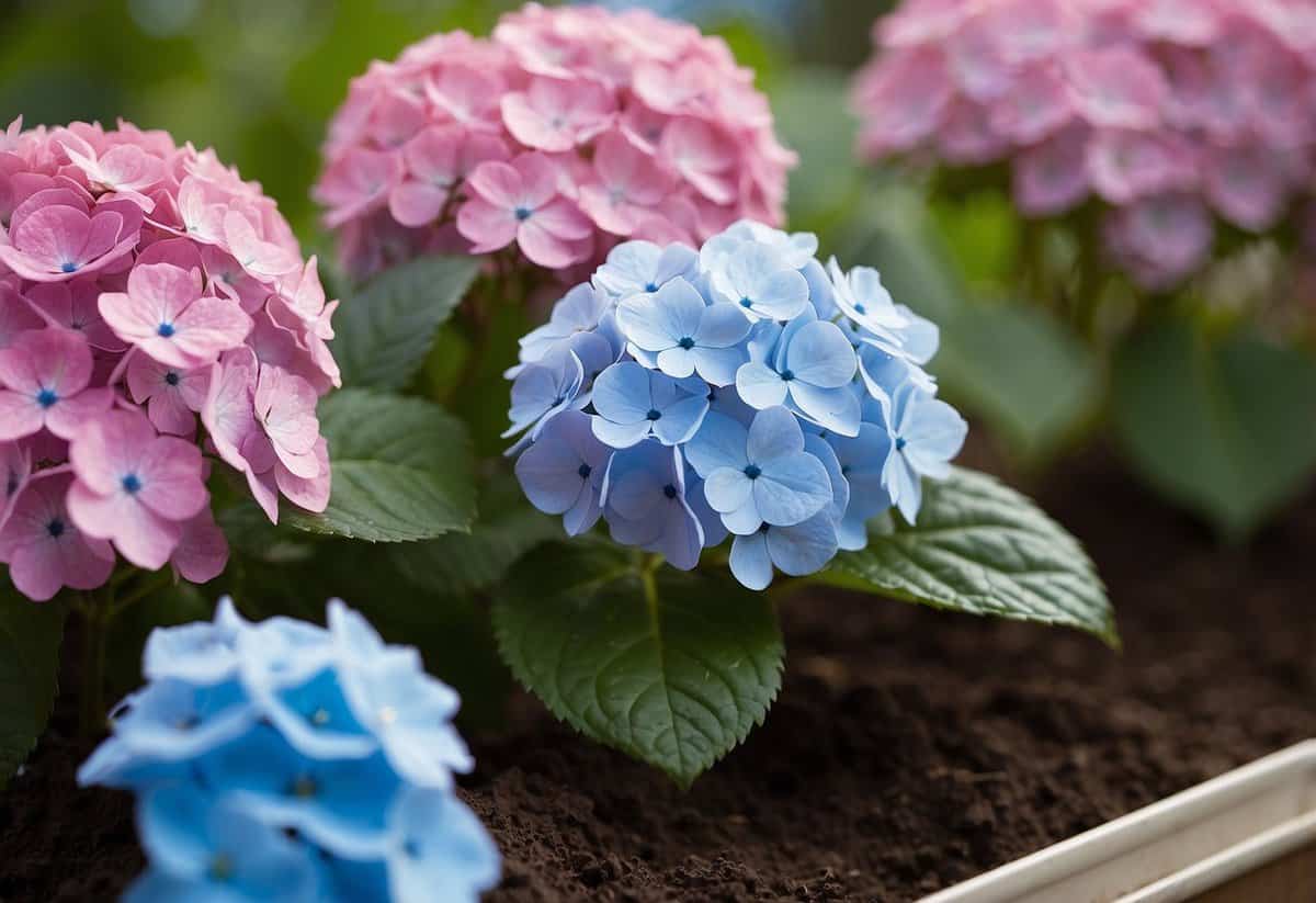 Hydrangeas transition from pink to blue as soil pH changes. Show a plant with pink blooms next to one with blue blooms, surrounded by soil and pH testing kit