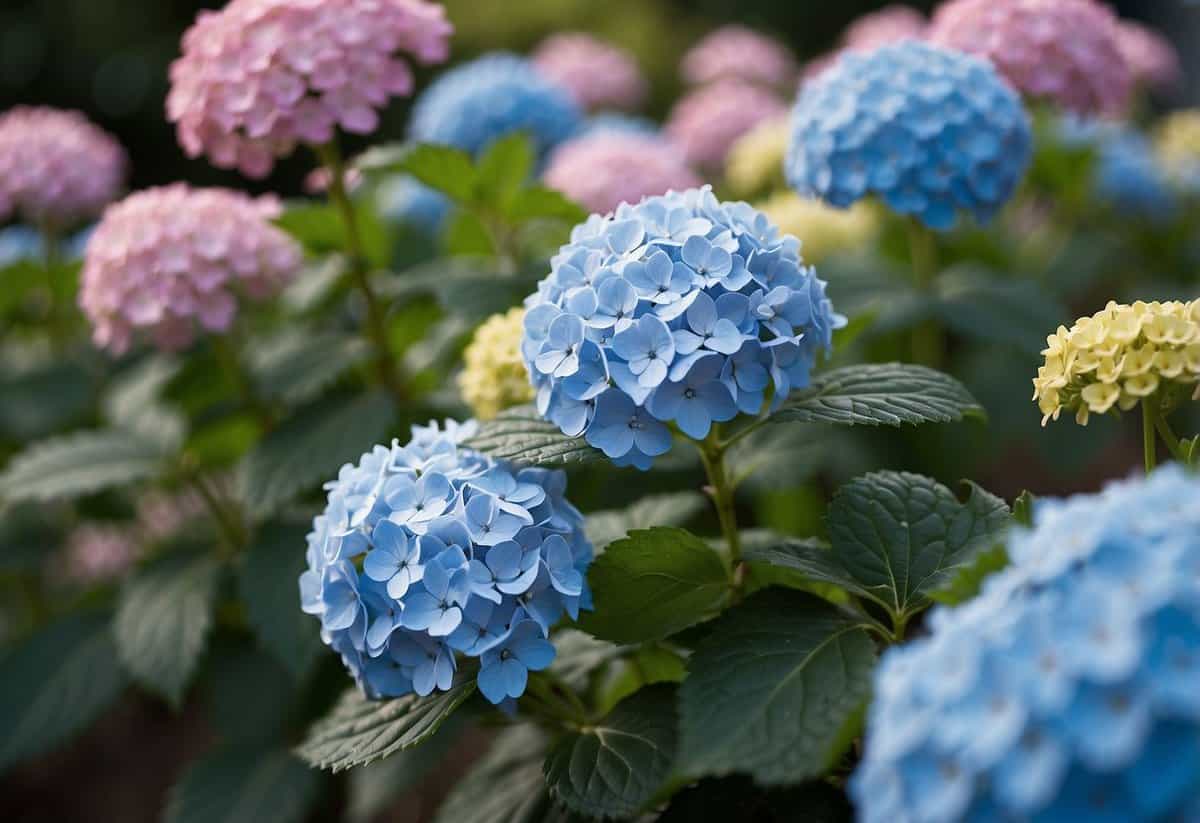 Hydrangeas shift from pink to blue in a garden. Organic methods, such as altering soil pH, are applied to transform the flower colors