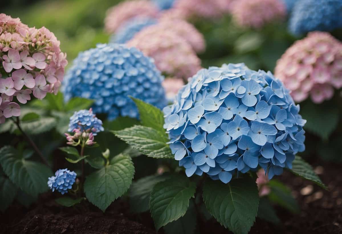 A hydrangea bush with pink and blue blooms, surrounded by gardening tools and soil