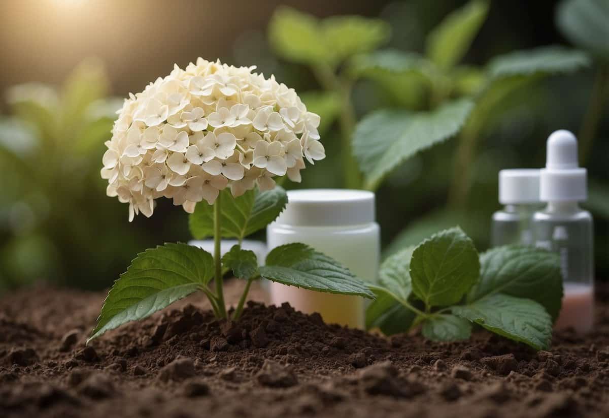 A white hydrangea plant surrounded by acidic soil, with a pH testing kit nearby, showing the color change from white to pink