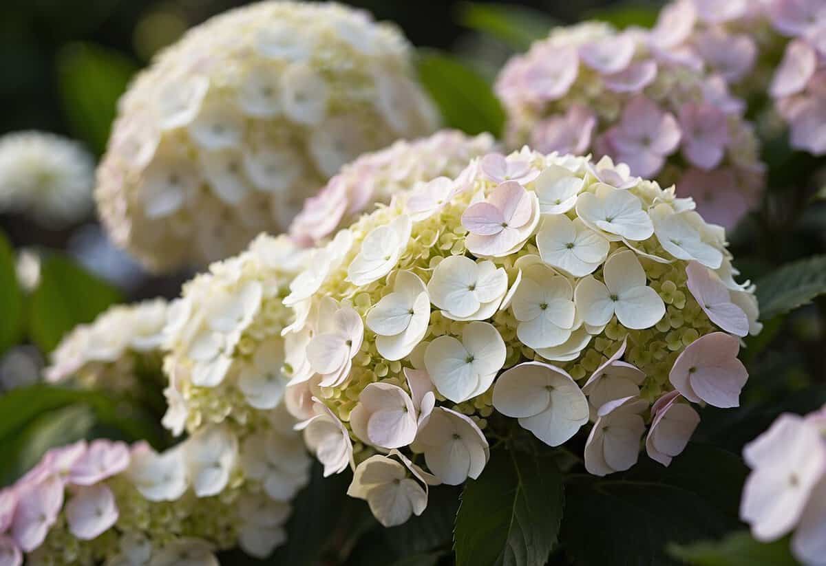 White hydrangeas surrounded by acidic soil, absorbing aluminum ions, turning their blooms from white to pink