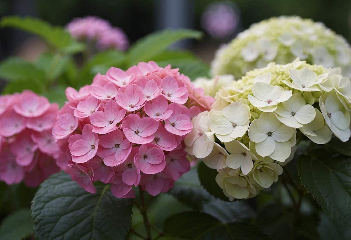 White hydrangeas turn pink due to the soil's pH level. Depict a garden with varying soil acidity, showing the transformation of white flowers to pink