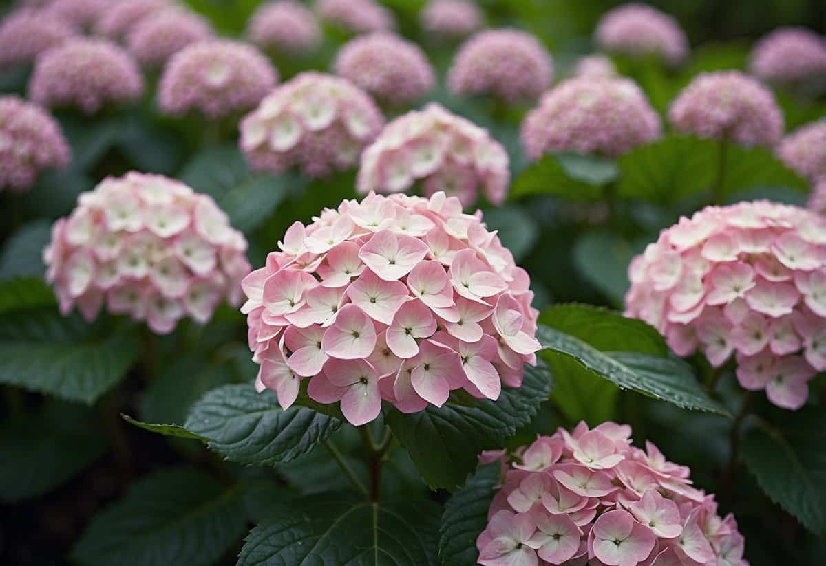 White hydrangeas turn pink due to the presence of aluminum in the soil. This can be depicted by showing a white hydrangea plant surrounded by soil with aluminum present, causing the flowers to turn pink