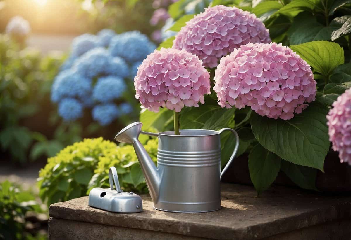 A bag of fertilizer labeled "Hydrangea Bloom" sits next to a blooming hydrangea bush in a garden, with a watering can nearby