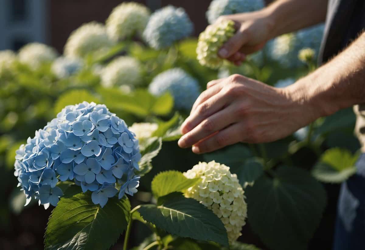 Hydrangeas bloom with proper fertilization. Show a gardener applying slow-release fertilizer around the base of the plant in early spring