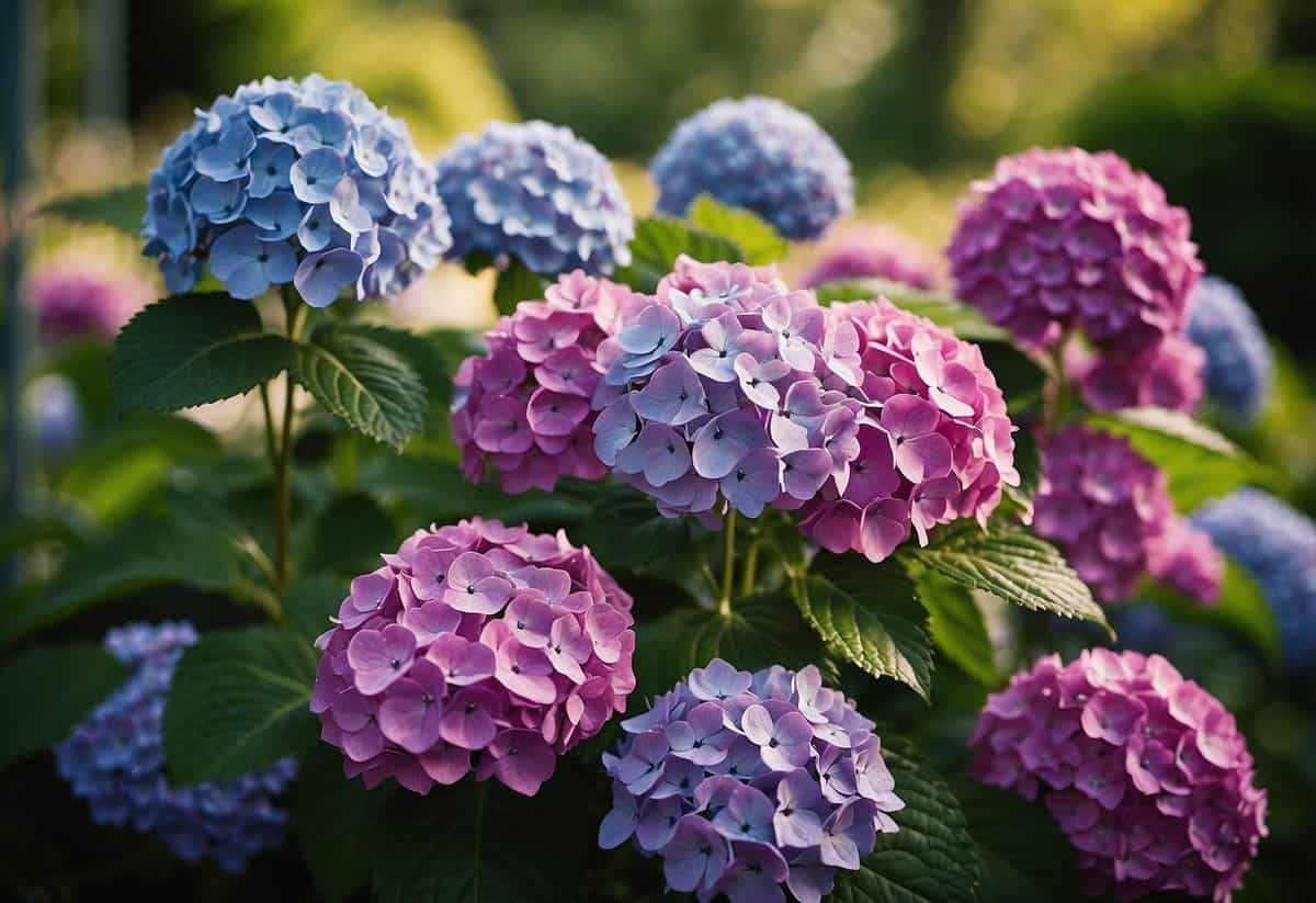 Vibrant hydrangeas bloom in a garden, showcasing a range of colors due to different fertilizers. Quality blooms stand out against lush green foliage