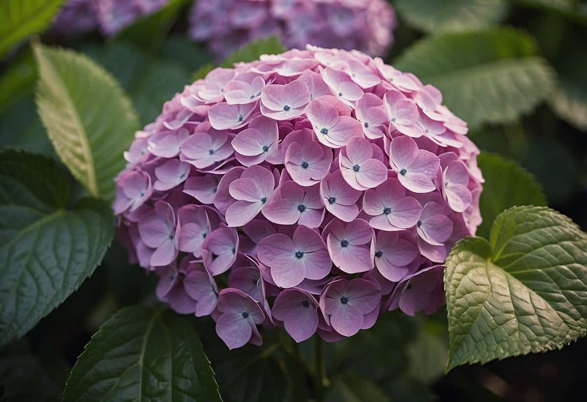 Healthy hydrangeas thrive with the best fertilizer for blooming. Show a lush garden with vibrant, blooming hydrangeas surrounded by bags of fertilizer and gardening tools