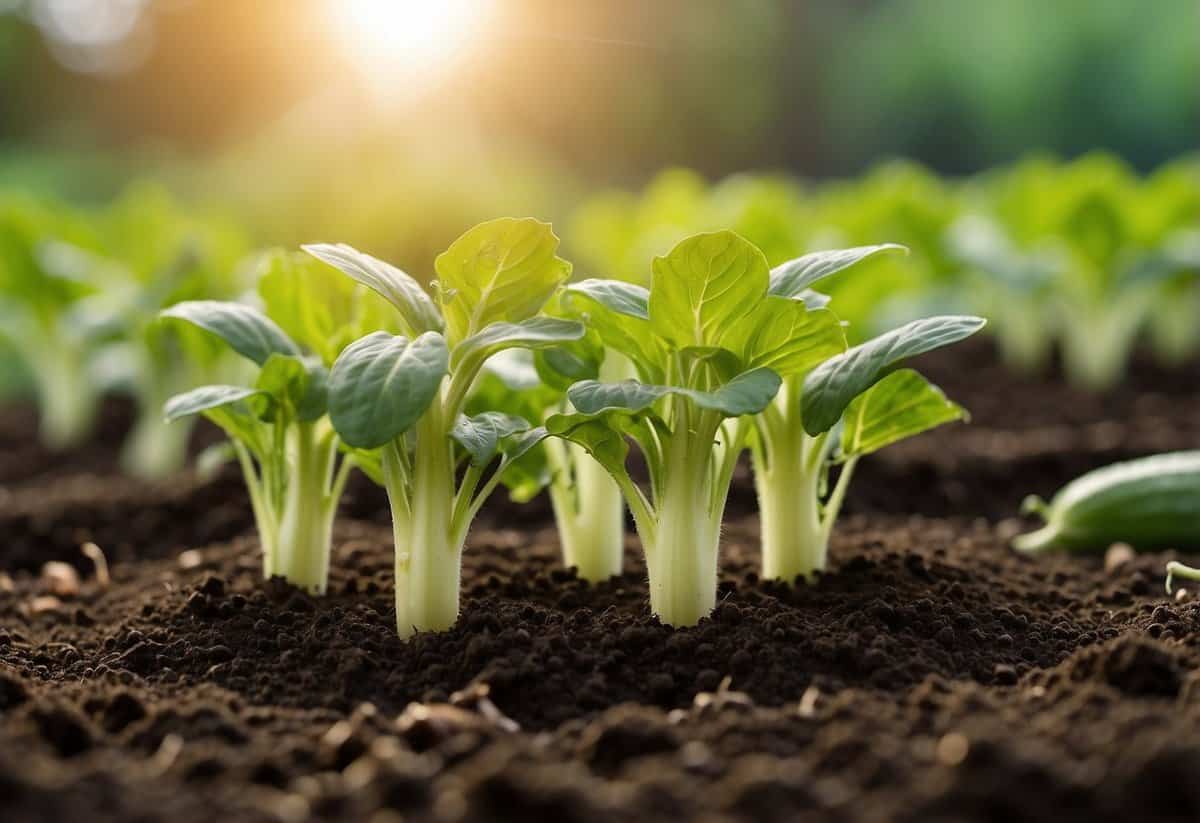 Cucumber plants and tomato feed on soil nutrients. Illustrate soil with labeled nutrients and healthy cucumber and tomato plants thriving