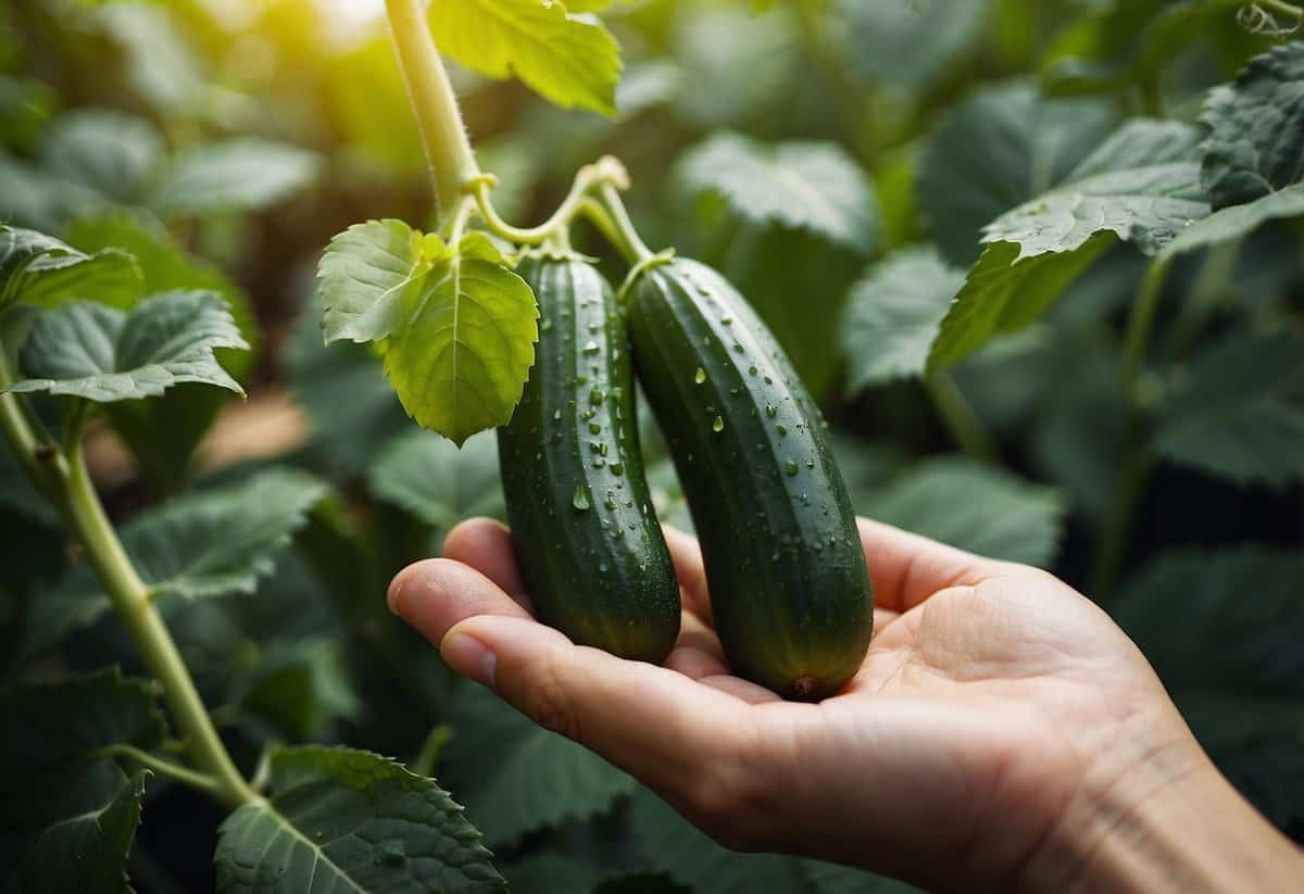 A cucumber plant receiving nutrients from tomato feed, with lush green leaves and vibrant, healthy vines