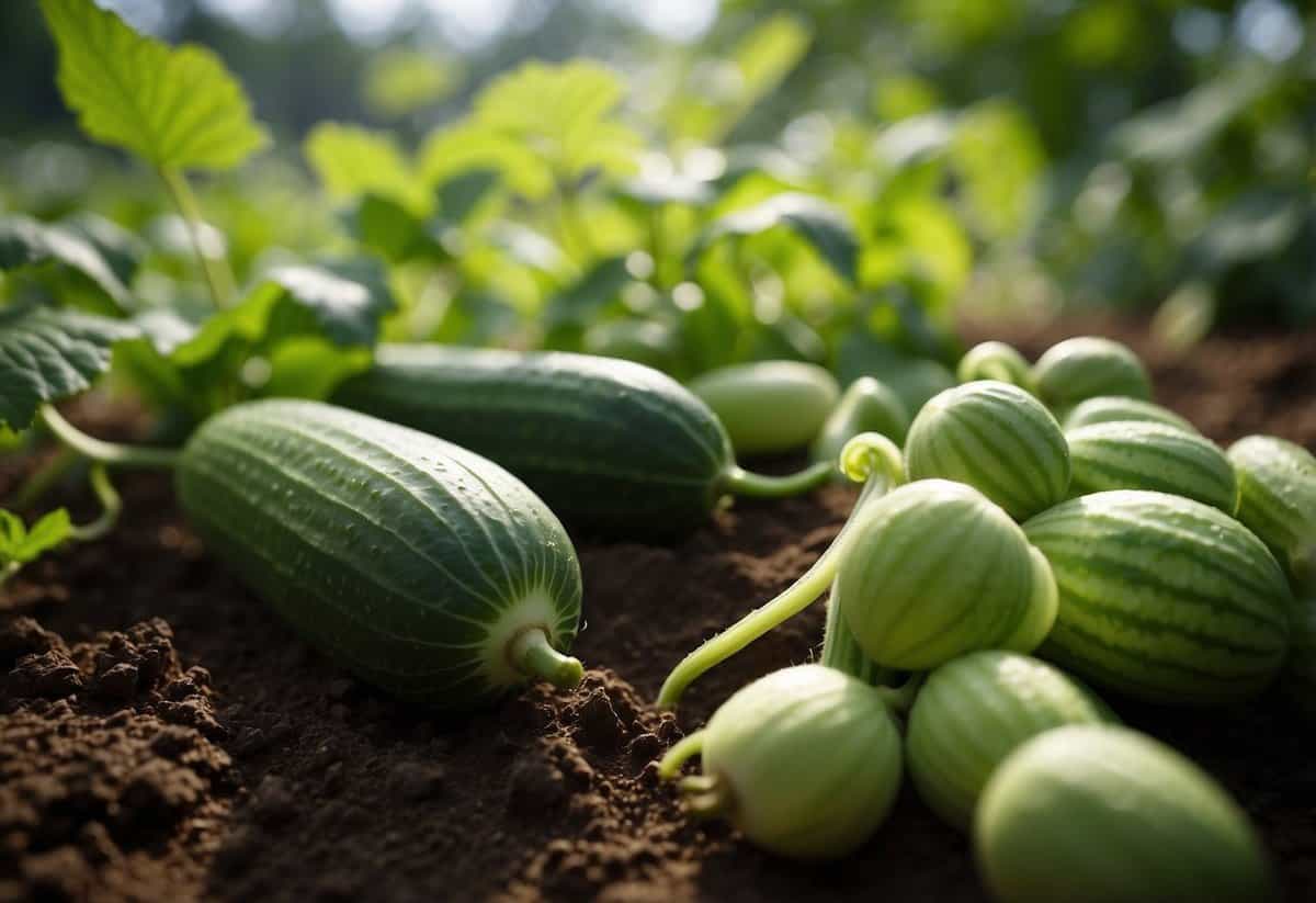 Cucumber plants thrive in a lush garden, surrounded by vibrant green leaves and tendrils. A bottle of tomato feed sits next to a bag of cucumber fertilizer, both promising to nourish and support the healthy growth of the plants