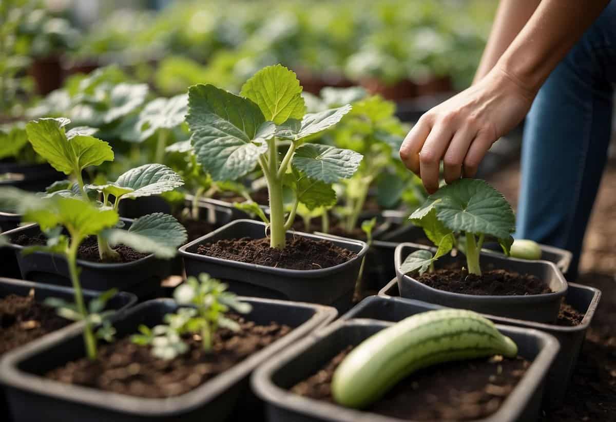 A hand reaching for different cucumber varieties in pots and on the ground