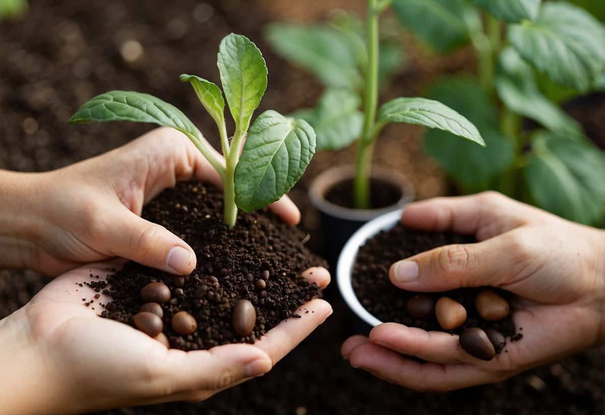 A person holding a pot and a shovel, with cucumber seeds and soil nearby, deciding whether to plant in pots or in the ground