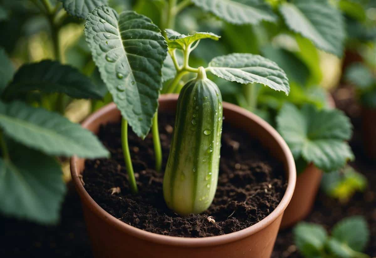 A cucumber plant thrives in a spacious pot or well-drained ground. The plant's vibrant green leaves and tendrils reach out, while the cucumbers grow plump and ripe