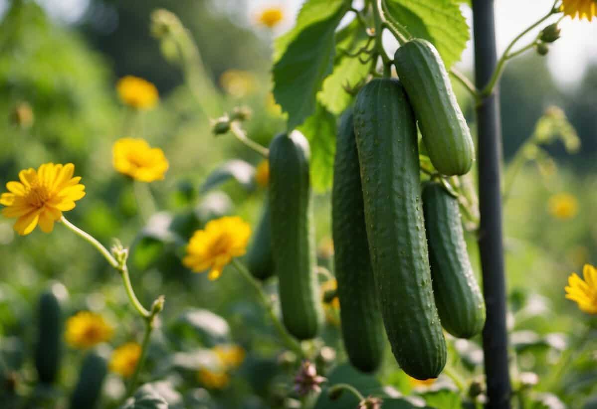 Cucumbers thrive in a garden. A vibrant green vine winds its way around a sturdy trellis, while bright yellow flowers attract buzzing bees for pollination