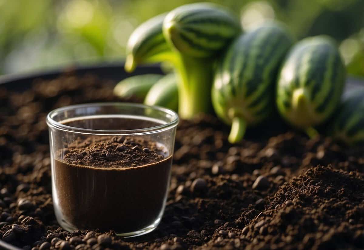 Coffee grounds mixed with compost, surrounded by growing courgette plants