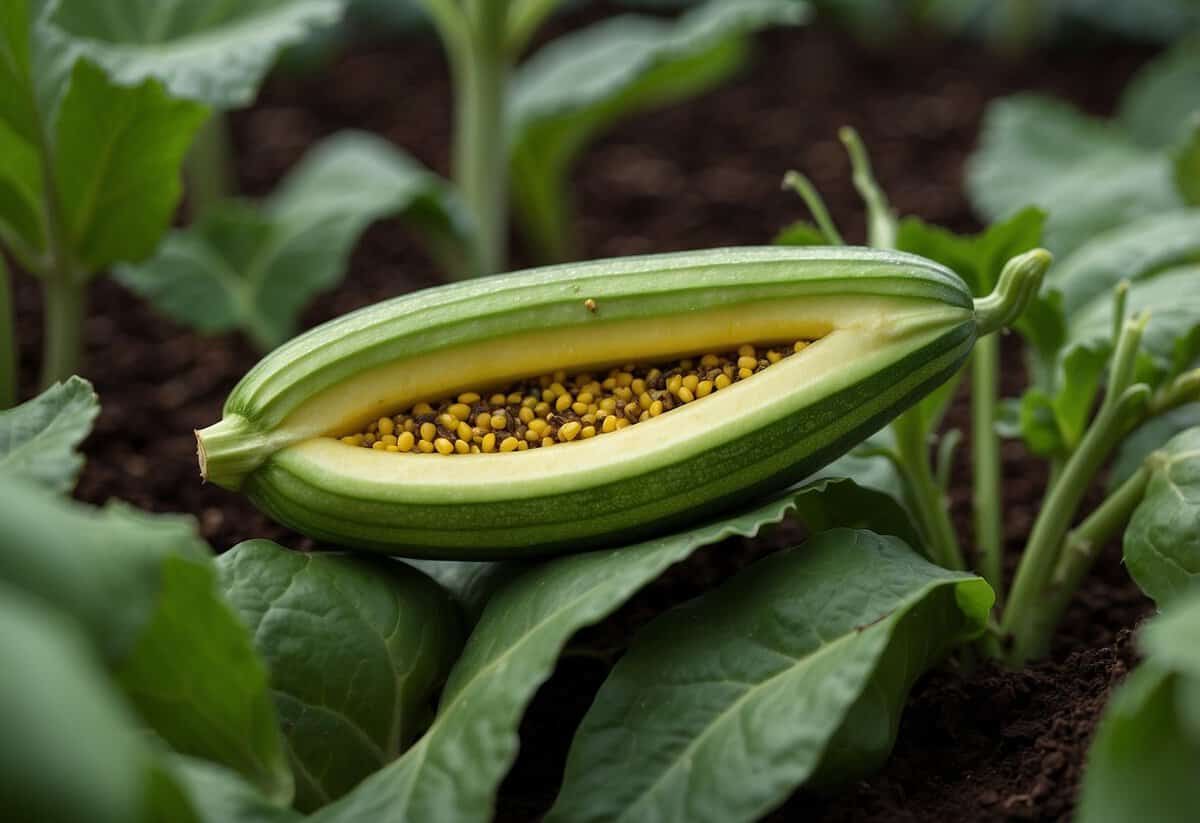 Courgette plants surrounded by coffee grounds, with pests like aphids and caterpillars visible on leaves