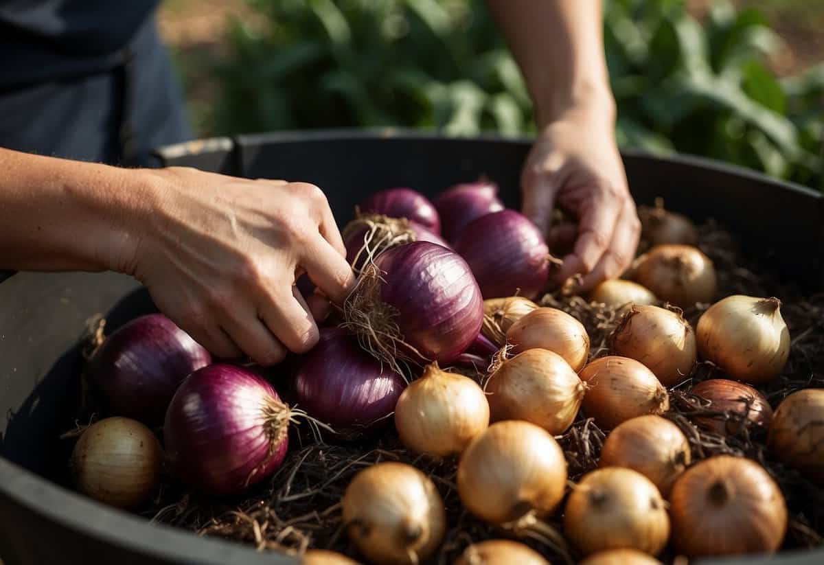 Onions being chopped and placed in a compost bin with other organic waste